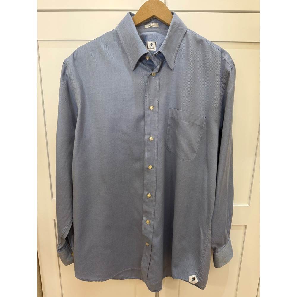 Peter Millar Mens Blue Micro Check Button Down Shirt Large Cotton Long Sleeve